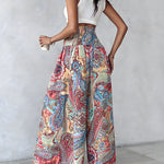 CHICME Women's Vintage Print Wide Leg Pants High Waisted Shirred Waist A-Line Trousers Flowy Boho Vacation Palazzo Pants