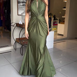 Women's Halter Tie Satin Maxi Dress Twist Front Cutout Backless Mermaid Cockail Dress Ruched Evening Party Dress
