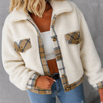Women's Crop Sherpa Jacket Plaid Trim Fleece Coat Button Down Lapel Fluffy Outerwear