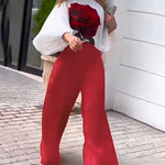 Rose Print Lantern Sleeve Top & Wide Leg Pants Set
