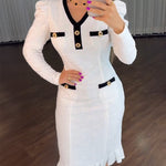 Button Decor Contrast Paneled V-Neck Puff Sleeve Zipper Back Commuting Dress Pockets Design Pleated Hem Tweed Dress