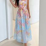 CHICME Women's Watercolor Floral Cami Dress Adjustable Straps High Waist A-Line Maxi Dress with Matching Belt