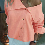 Women's Turn-down Collar Long Sleeve Blouse Casual Gold Button Loose Drawstring Shirt