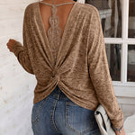 Women's Long Sleeve Knit Top Backless Twist Lace Panel Casual Tee