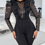 Women's Sequin Grid Mesh Eyelash Lace Patchwork Puff Long Sleeve Split Hem Flare Jumpsuit