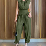 Padded Shoulders Sleeveless Cinched Waist Side High Slit Overalls Casual Hollow-out Back Ruched Jumpsuit