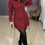 Women's Vintage Plaid Drawstring Long Sleeve Casual Dress Shirred Button Down Shirt Dress
