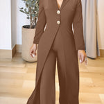 Notched Collar Long Sleeve Button Front Jumpsuit Casual Cinched Waist Wide Leg Faux Two Piece Jumpsuit
