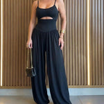 CHICME Women's Cut-out Waist Cami Jumpsuit Backless Tie-Back Lantern Romper Ruched High Waist Summer Jumpsuit