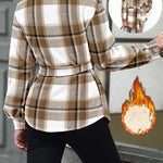 Plaid Pattern Reversible Fleece Teddy Coat Button Down Tied Detail Warm Jacket