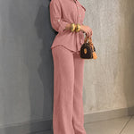 2 Pieces Outfit Vintage Turn-down Collar Roll Up Sleeve Button Front Flap Pocket Design Waist Drawstring Top and Elastic Waist Wide Leg Pants Set Casual Textured Commuting Set