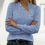 Button Decor Asymmetrical V-Neck Long Sleeve Ribbed Tee Casual Knit Brushed Top