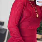 2 Pieces Outfit Round Neck Long Sleeve Semi-Sheer Crop Top and High Waist Elastic Waist Wide Leg Pants Set Casual Minimalist Ribbed Set
