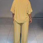 Women's Striped 2 Piece Outfits V Neck Short Sleeve Drawstring Top and Wide Leg Pants Set with Pockets