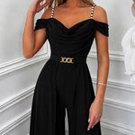 Women's Pearls Decor Adjustable Straps Cold Shoulder Overalls Cowl Neck High Waist Jumpsuit with Belt