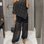 Women's 3 Piece Outfits Polka Dot Skew Neck Cape Top and Sheer Lantern Pants Set with Camisole Liner Party Clubwear