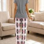 Women's Frill Hem Two Piece Pajama Set Heart Slogan Short Sleeve Top and Plaid Straight Leg Pants Casual Lounge Set