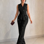Women's 2 Piece Glitter Outfits Sleeveless Wrap V Neck Ruffle Hem Top and Wide Leg Pants Set
