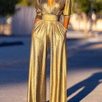 High Waisted Three-Quarter Sleeves Shiny Solid Color Deep V-Neck Jumpsuits Bottoms