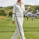Retro Sporty Webbing Grey-white Half-zip Sweatshirt And Wide-leg Pants Set