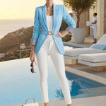 Simple And Elegant Striped Long-sleeved Blue Belted Blazer