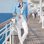 Simple And Elegant Striped Long-sleeved Blue Belted Blazer