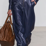 Casual Retro Dark Blue Faux Leather Long-Sleeved Lace-Up Wide-Leg Jumpsuit