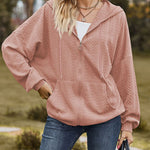 V-Neck Zipper Closure Solid Color Long Loose Hoodie Jacket