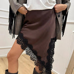 Margovil Lace Trim Side Slit Irregular Satin Skirt