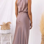 High Neck Zipper Back Waisted Satin Midi Dress