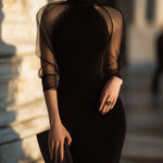 Sheer-Sleeve High-Neck Cocktail Dress