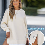 Letter Patch Detail Long Sleeve Drop Shoulder Pullover Sweatshirt Casual Zipper Side Slit Top