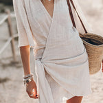 Margovil V Neck Tie Knot Cotton Linen Wrap Mini Dress