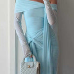 Margovil Off Shoulder Long Sleeves Knot Waist Draped Maxi Dress