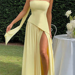 Margovil Strapless Back Lace-up High Slit Splice Maxi Dress