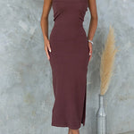Strapless Tube Slit Ribbed Knit Midi Dress