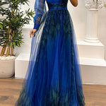 Margovil One Shoulder Long Sleeve Mesh Printed Slit Maxi Dress