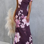 Asymmetrical Shoulder Floral Print Maxi Dress