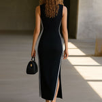 Retro Fashion Striped Black Knitted Ribbed V-Neck Slit Sports Maxi Dress