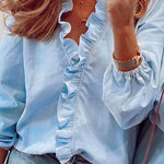 Margovil Ruffle V Neck Long Sleeve Casual Shirt