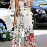 Margovil Floral Print Strapless Ruffle Tube Top and Smocked Waist Wide Leg Pants