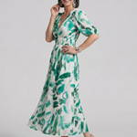 Candlia | Puff Sleeve V Neck Abstract Print Midi Dress
