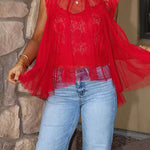 Mockneck Tulle Cover Up Top with Lace Camisole