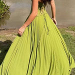 Margovil Halter Neck Back Lace-up Pleated Maxi Dress