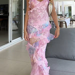 Margovil Ruffle Trim Open Back Printed Maxi Cami Dress