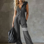 Sporty Retro Lace Striped Black Sleeveless Hooded Jumpsuit