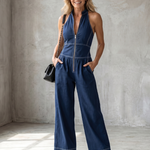 Dara™ | Zip Front Contrast Stitch Wide Leg Jumpsuit