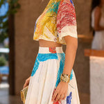 Crewneck Short Sleeves Crop Top High Rise Maxi Skirt Floral Print Set