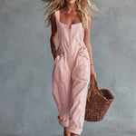 Casual Retro Square Neck Front Zipper Light Yellow Denim Jumpsuit
