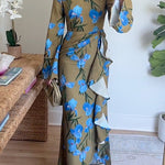 Bell Long Sleeves Floral Print Draped Slit Maxi Dress